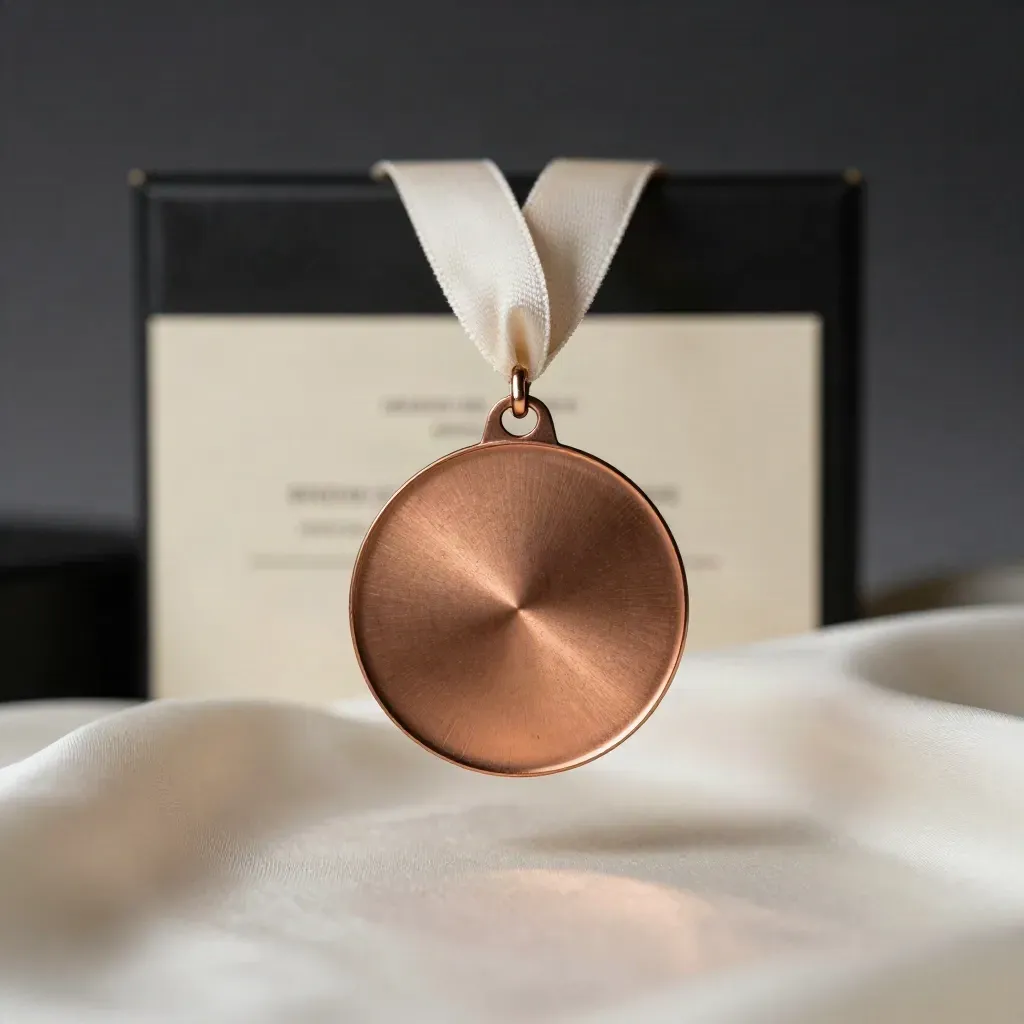 Médaille bronze satinée suspendue avec rubans ivoire et étui noir sur fond sombre.
