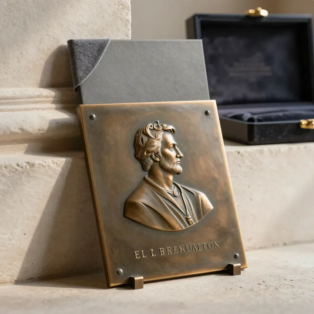 Plaque bronze gravée sur pierre claire avec étui de présentation et lumière rasante.