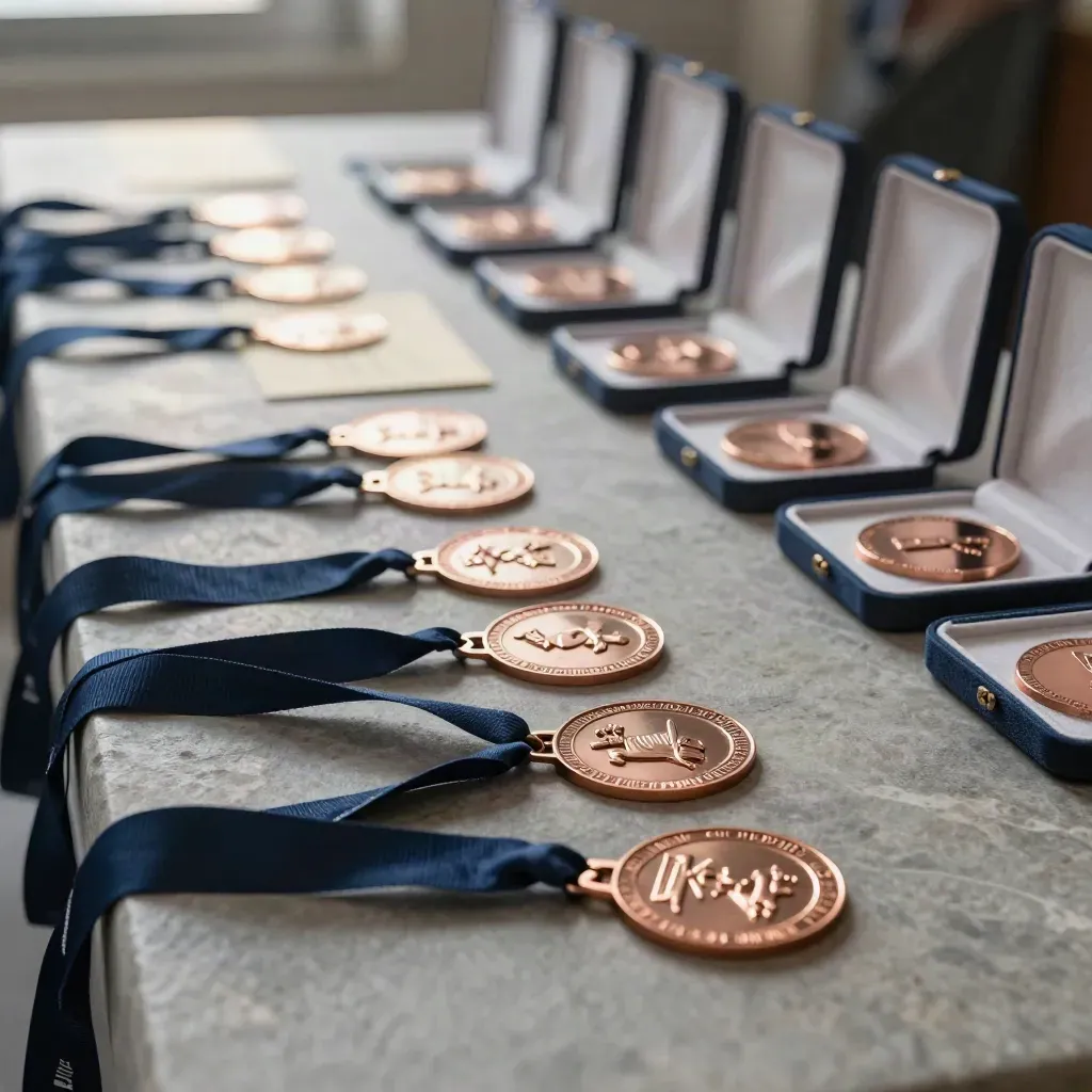 Lots de médailles bronze, rubans marine et étuis ouverts sur une table de cérémonie en pierre.