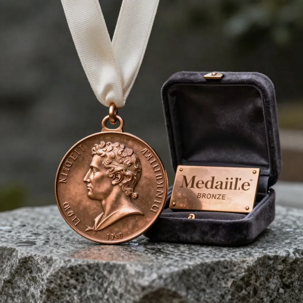 Médaille bronze gravée avec ruban ivoire, coffret velours et plaque sur pierre mouillée.