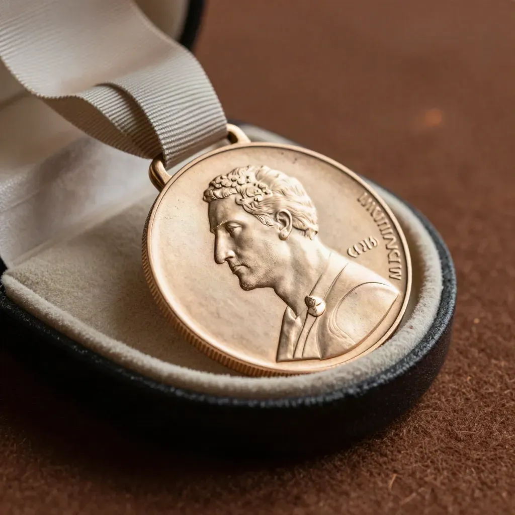 Médaillon bronze clair dans son coffret rond ivoire, gros plan sur l’épaisseur et le ruban.