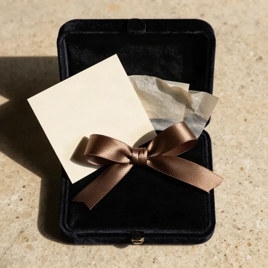 Coffret médaille en velours ouvert avec ruban et papier de soie sur pierre claire.
