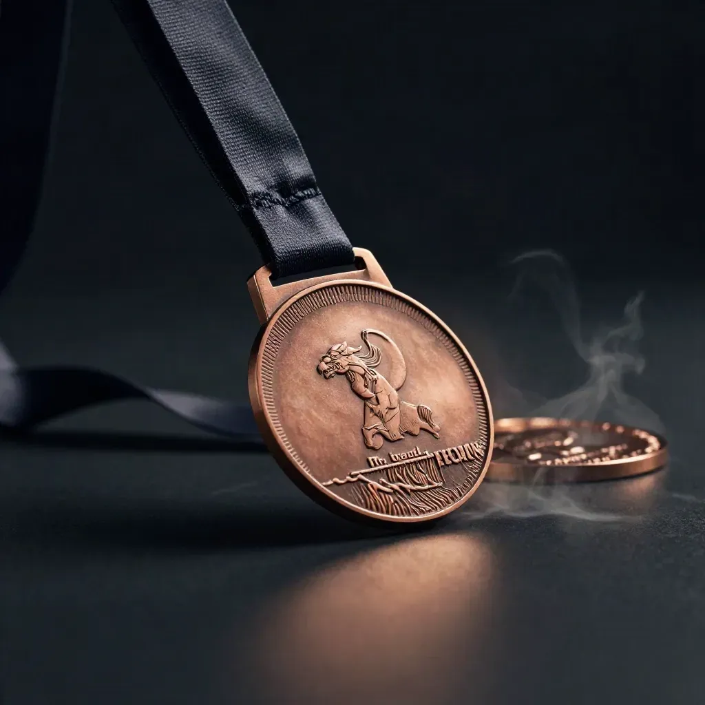 Médaille sportive bronze avec ruban sombre, en diagonale sur fond noir, seconde médaille derrière.
