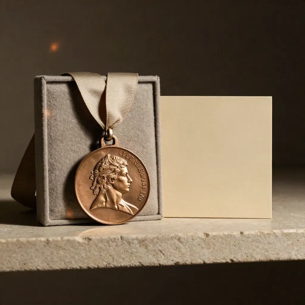 Médaille bronze gravée avec coffret, plaque vierge et ruban sur étagère en pierre.