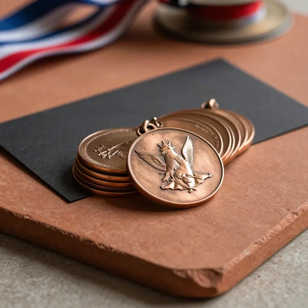 Lot de 25 médailles bronze en éventail sur une dalle de terre cuite sombre.