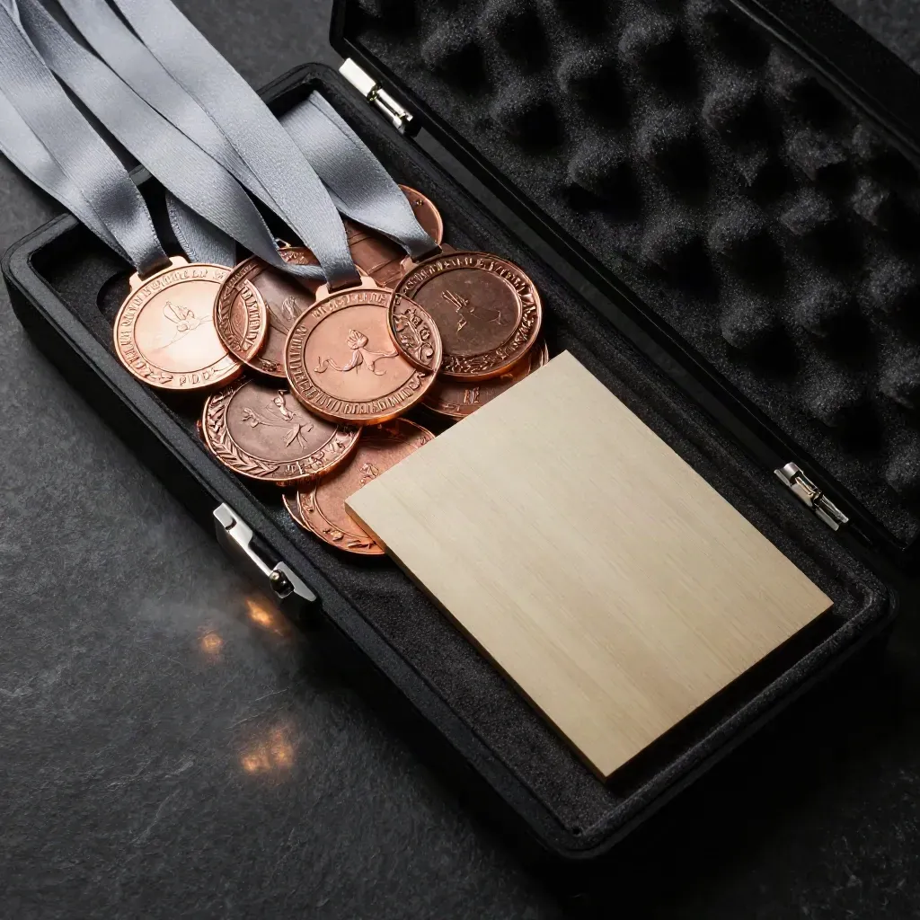 Pack de gravure pour clubs avec médailles bronze, plaque vierge et coffret velours sur fond sombre.