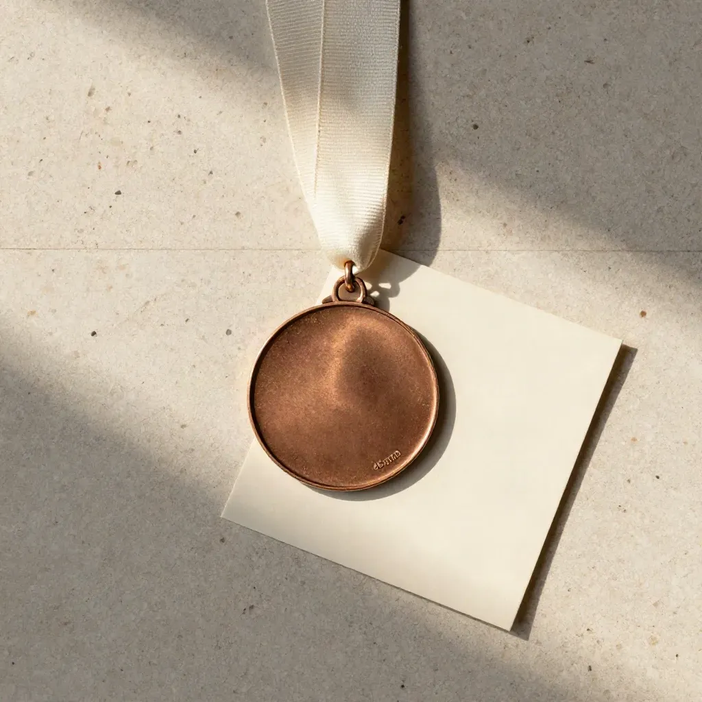 Médaille bronze compacte avec ruban ivoire sur pierre travertin, vue du dessus.