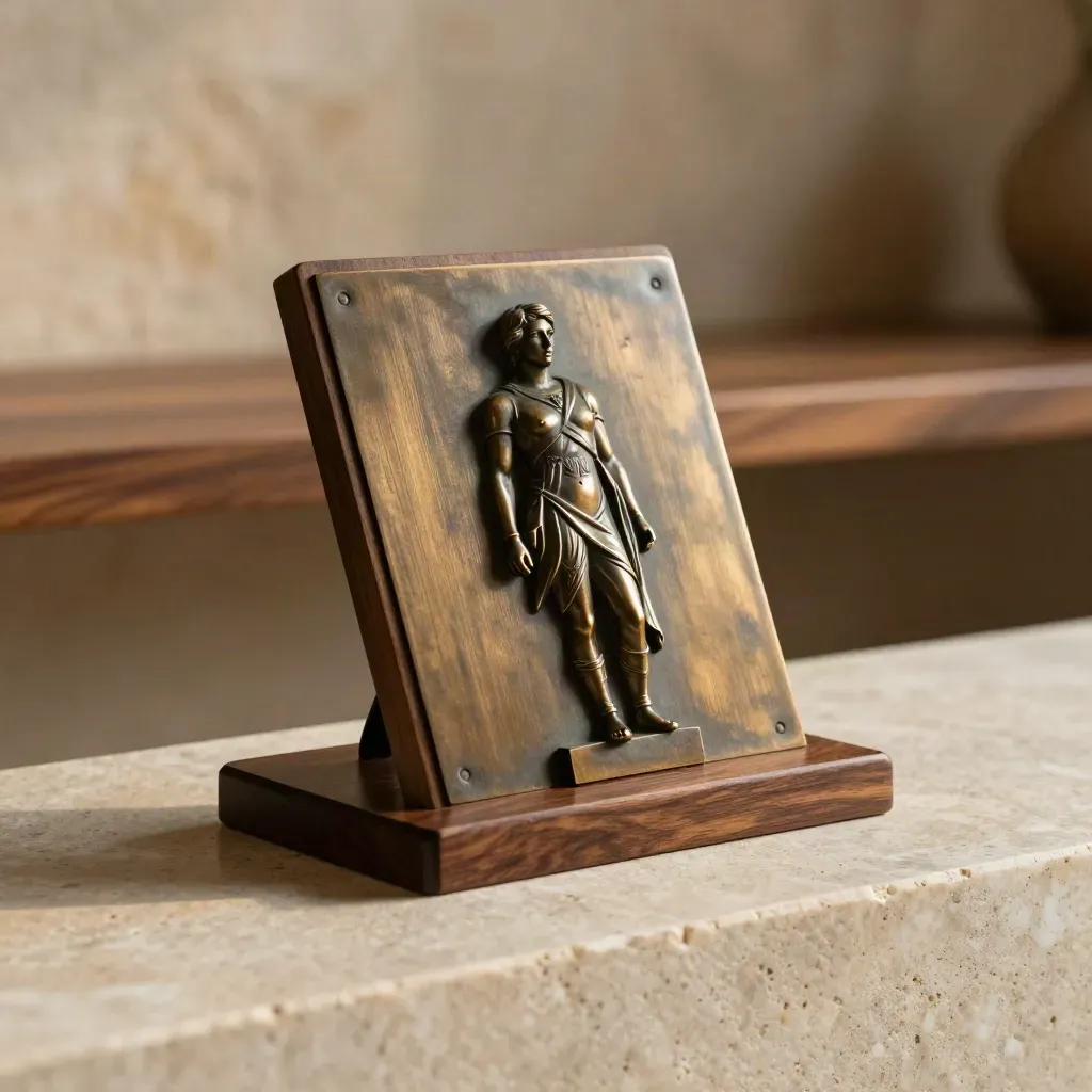 Plaque bois et bronze sur socle bois sombre, posée sur une marche en pierre claire.