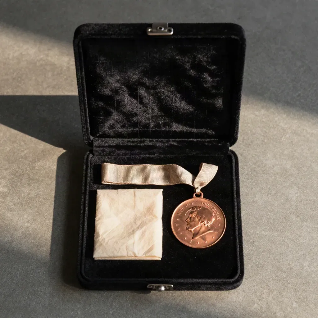 Coffret en velours noir ouvert pour médaille 70 mm, avec ruban et papier de protection.