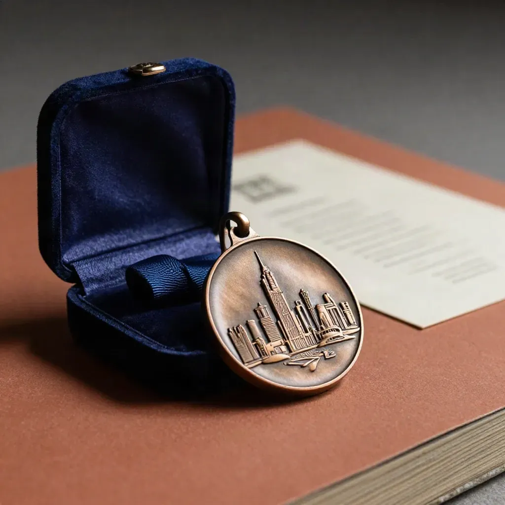 Médaillon bronze brossé, étui ouvert et ruban plié sur une surface en terre cuite.