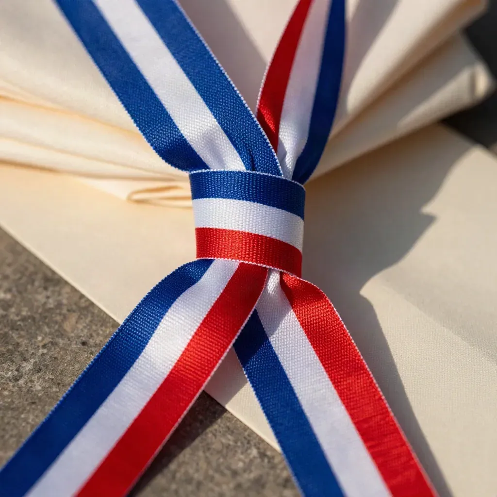 Gros plan de 50 rubans tricolores noués en faisceau, texture satinée et extrémités en mouvement.