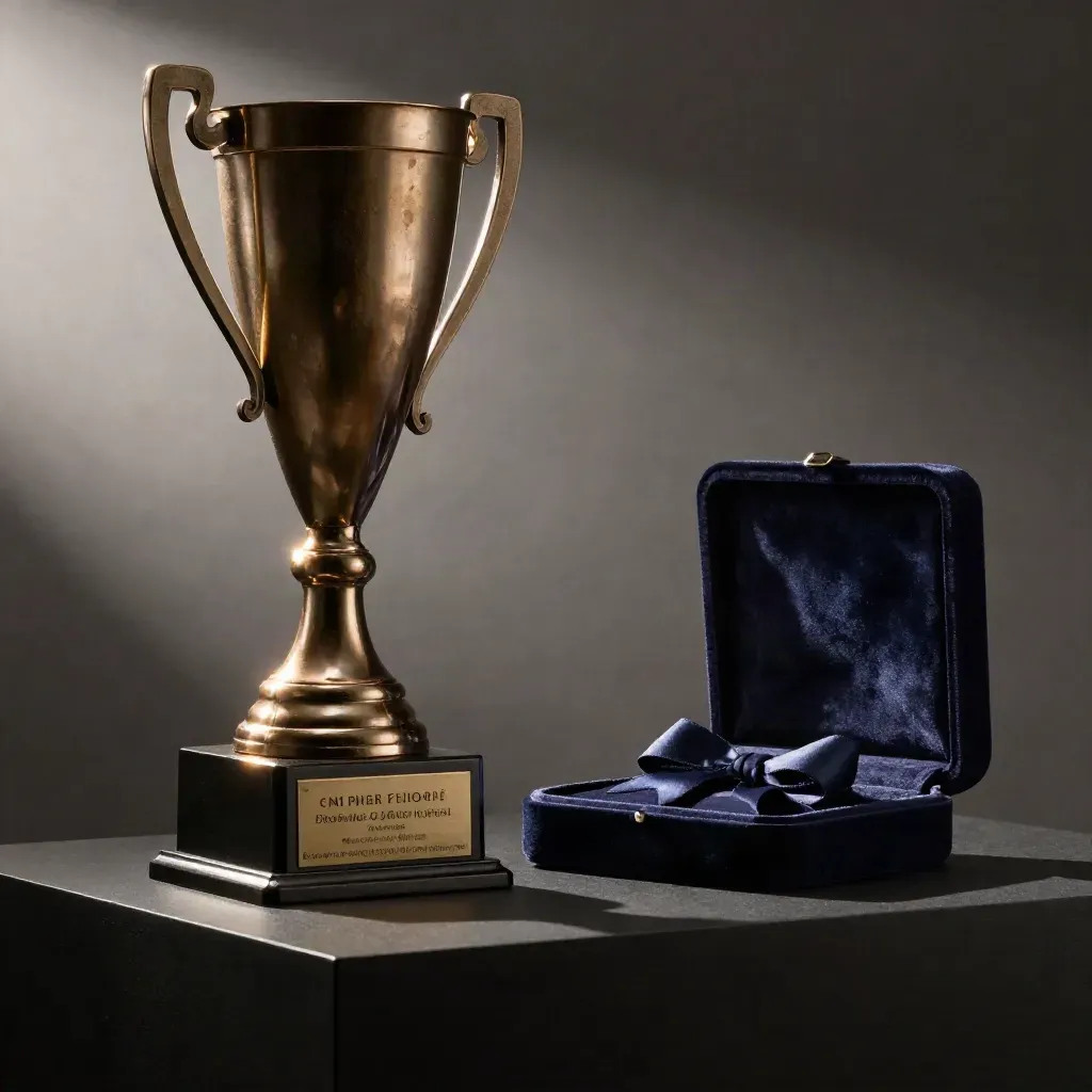 Trophée bronze élancé sur socle sombre, lumière dramatique et ambiance de remise officielle.
