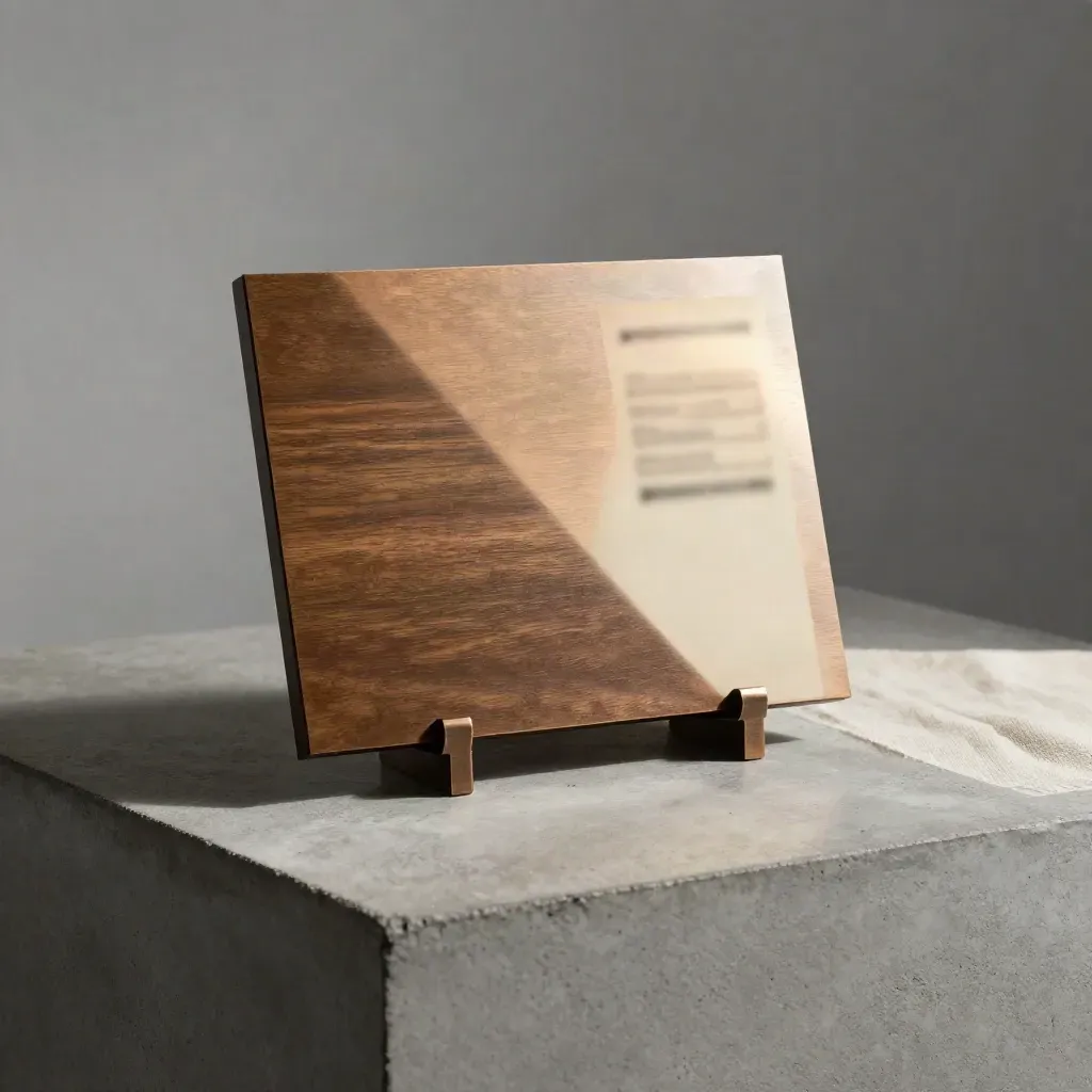Plaque école en bronze et bois de chêne sur socle en béton, éclairage studio diagonal.