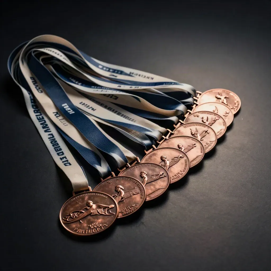 Vingt médailles bronze marathon aux rubans marine, en vague diagonale sur fond noir.