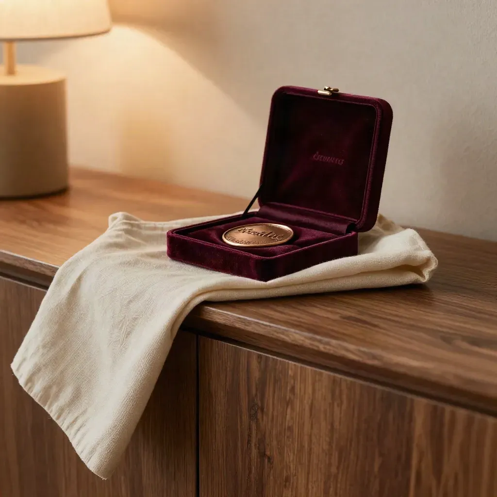 Coffret cadeau en velours ouvert, médaillon bronze sur console en noyer, lumière douce.