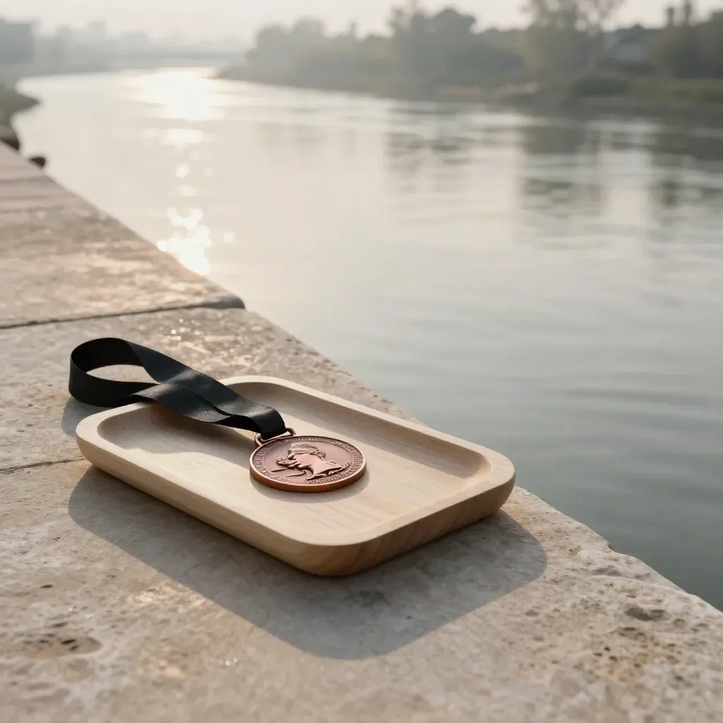 Terrasse de pierre au bord d’une rivière, médaillon bronze et ruban noir dans la brume dorée.