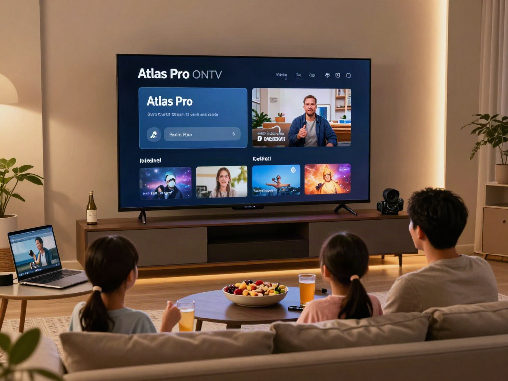 Installation moderne d'Atlas Pro avec famille profitant d'une soirée cinéma.