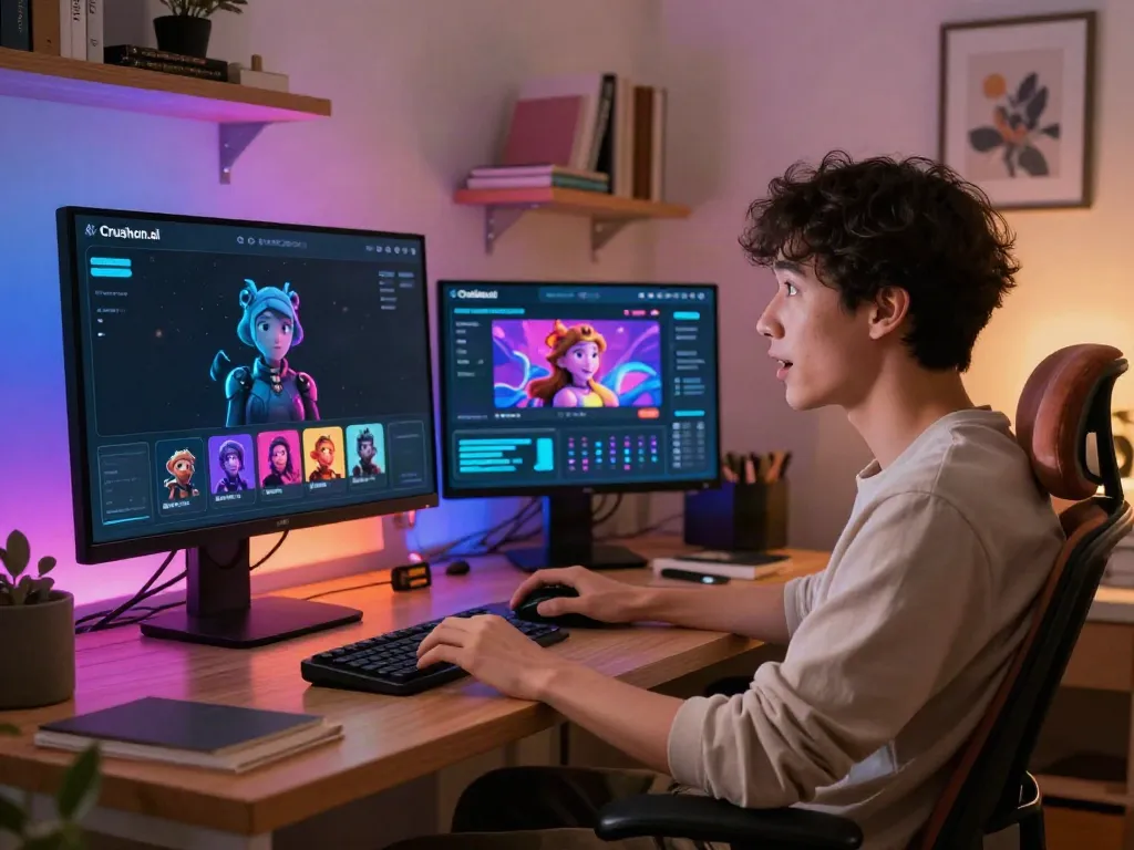 Young adult chatting with AI character on a vibrant Crushon.ai interface in a cozy home office.